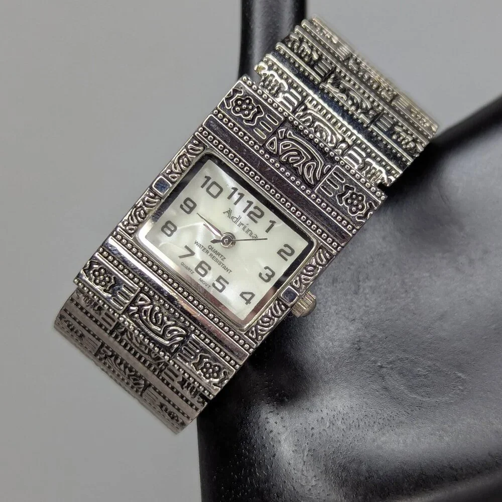 Adrina 3112 Quartz Movement Intricate Silver Tone Cuff Watch w/ Rectangular Face
